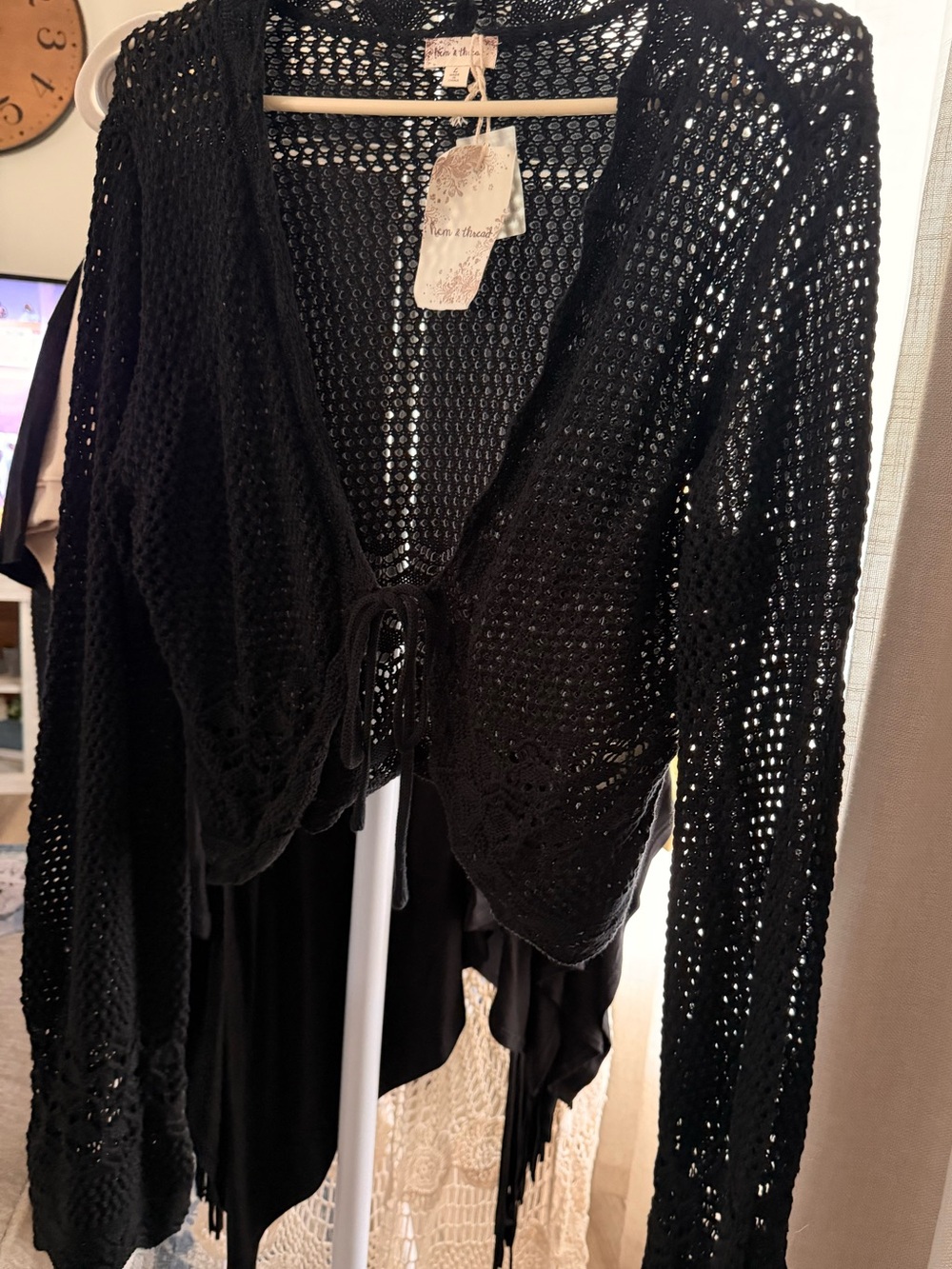Hem & Thread Black Open-Knit Tie-Front Cropped Cardigan